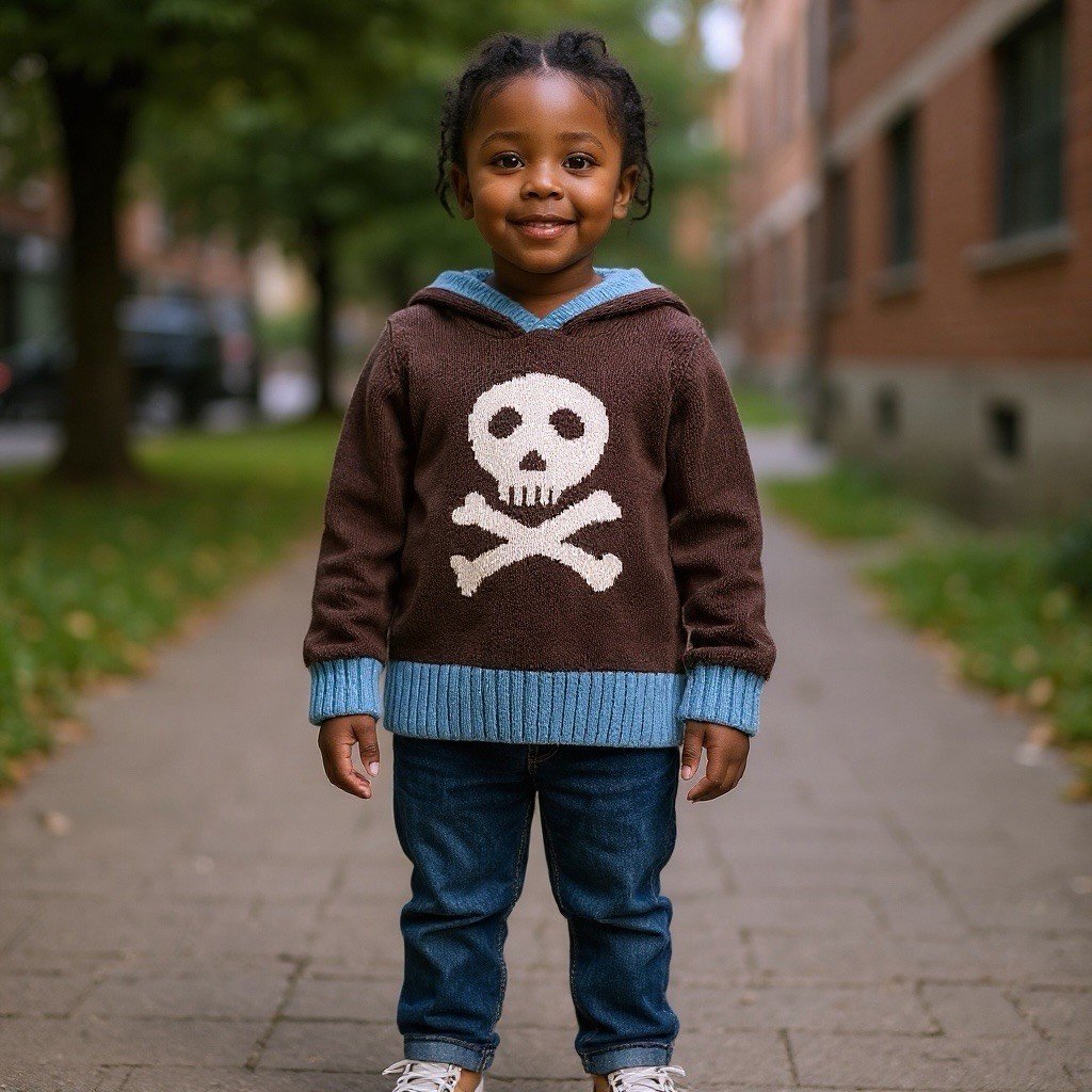 Mini Boden Boys Size 5-6 Brown Blue Skull Long Sleeve Hooded Wool Sweater Goth